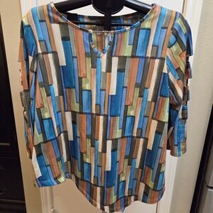 Alfred Dunner Womens Geometric Print Cutout Sleeve Top Blouse M